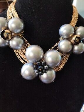 Gold Multi-Strand Necklace with Silver Pearl Cluster Flowers